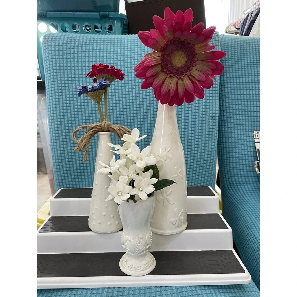 Farmhouse Style White Vases With Faux Flower Floral Painted Set Of 3
